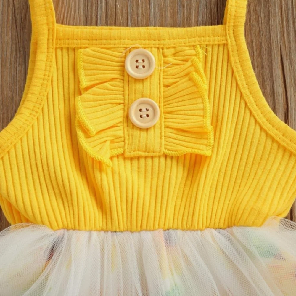 Toddler Girl Yellow Floral Tulle Dress Ribbed Sun Dress Ruffle Bodice 18-24M